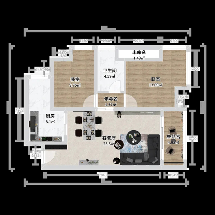 成都朗詩觀山樾D2戶型83㎡套二單衛(wèi)裝修設(shè)計(jì)方案-平面戶型圖